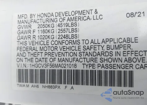 2021 Honda Accord Hybrid Ex-L z USA, uszkodzony, nr VIN 1HGCV3F56MA021018